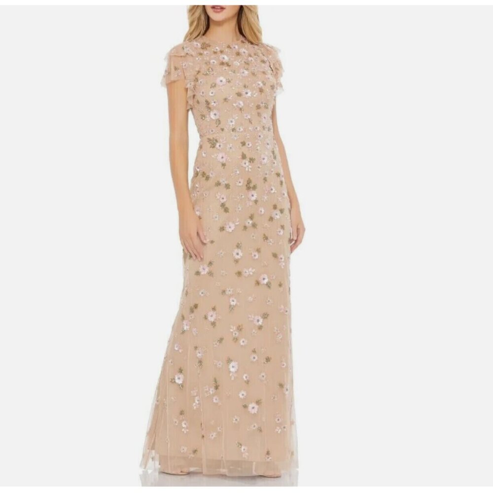 Mac Duggal Nude Multi Sequin Beaded Floral Tulle Gown Sz 16